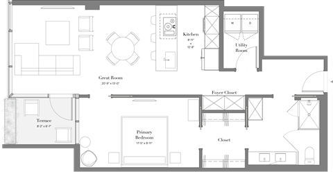 Floor plan for 1 bed, 1 bath, 885 sqft